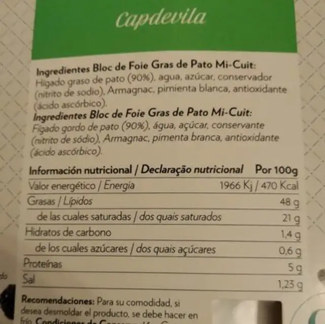 Bloc Foi Gras pato MI-CUIT Nº11 nutrition facts table