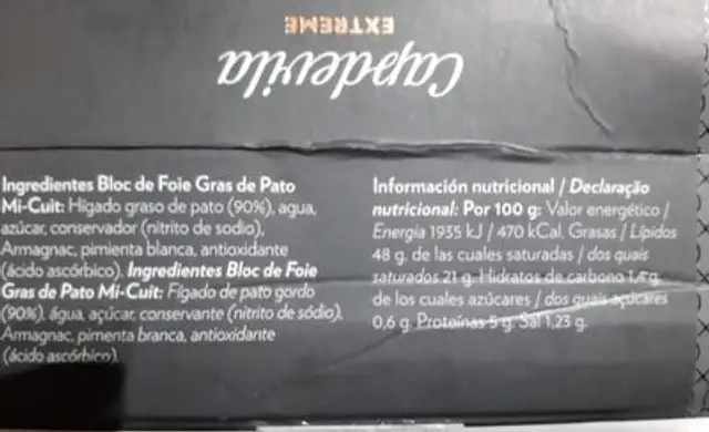 Bolc de foie de pato mi cuit nutrition facts table