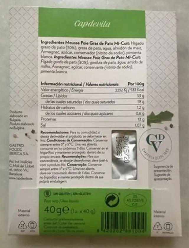 Mousse Foie Gras de Pato Mi-Cuit nutrition facts table