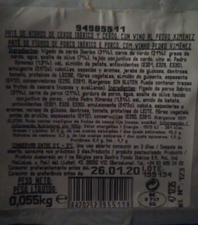 Paté ibérico al pedro ximenez nutrition facts table