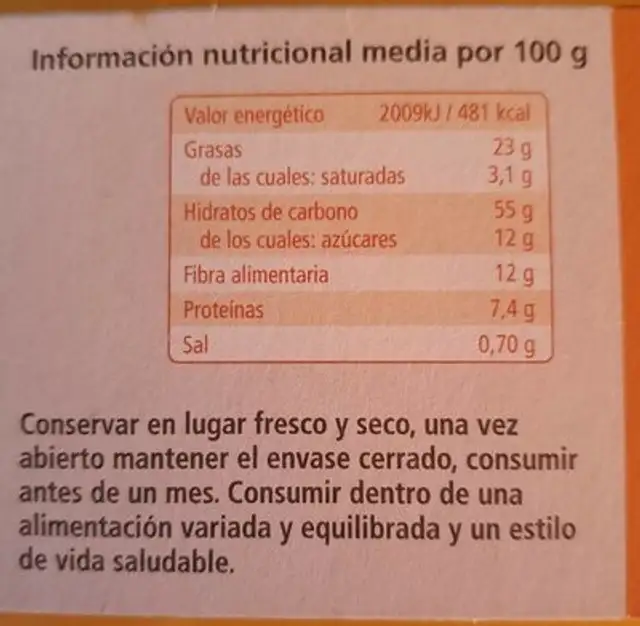 Galletas Integrales Avena Naranja - Curcuma - Canela - Jengibre nutrition facts table