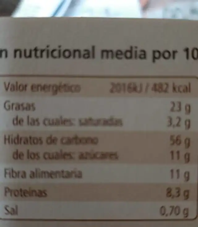 Galletas aveba nutrition facts table