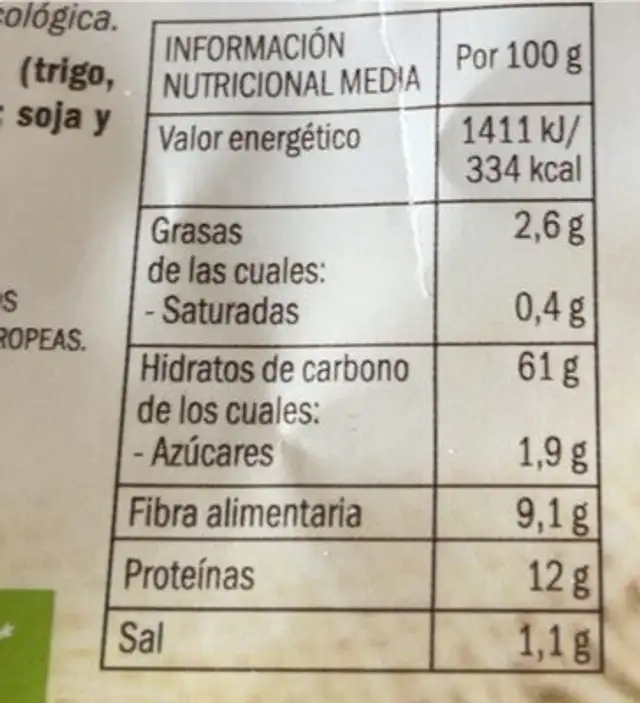 Chapatita de harina integral de espelta nutrition facts table