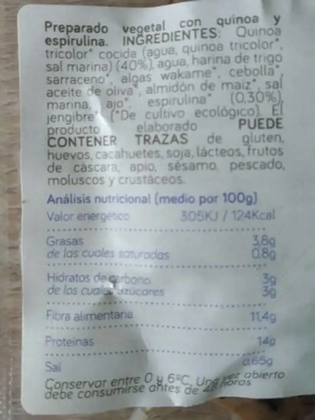 Bio veggie Patty Quinoa y Espirulina nutrition facts table