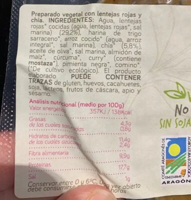 Bio veggie patty lenteja roja y chia nutrition facts table