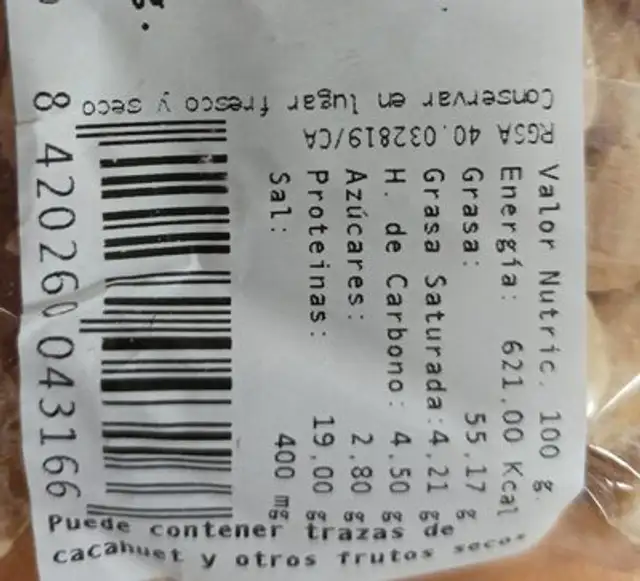 Almendras fritas con sal nutrition facts table