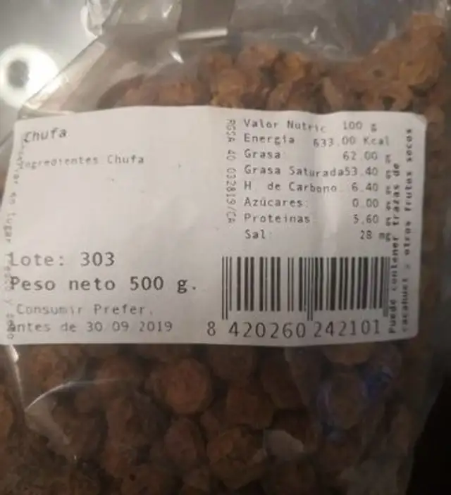 Chufa nutrition facts table