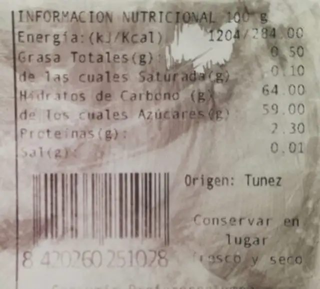 Dátiles nutrition facts table