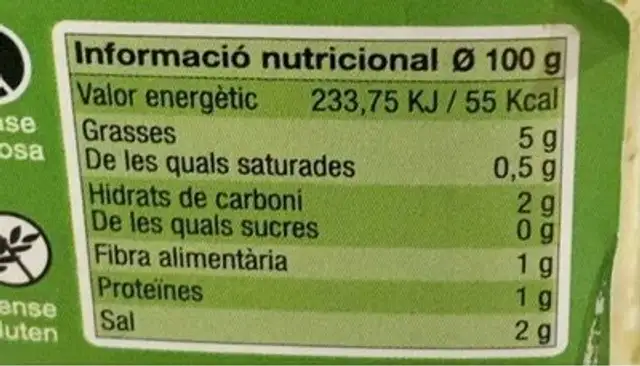 Salsa de carxofa nutrition facts table