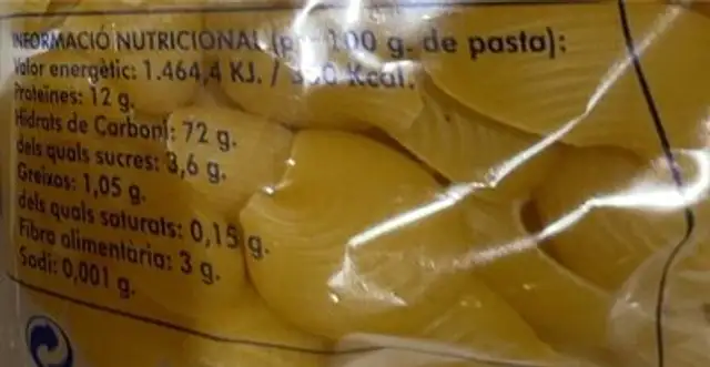 Pasta alimentaria nutrition facts table
