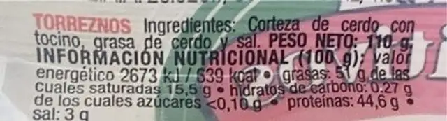 Torreznos nutrition facts table