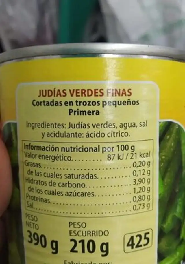 Judías Verdes Finas nutrition facts table