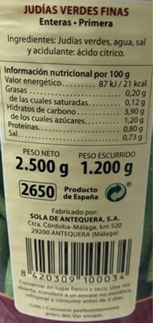 Judías verdes finas nutrition facts table