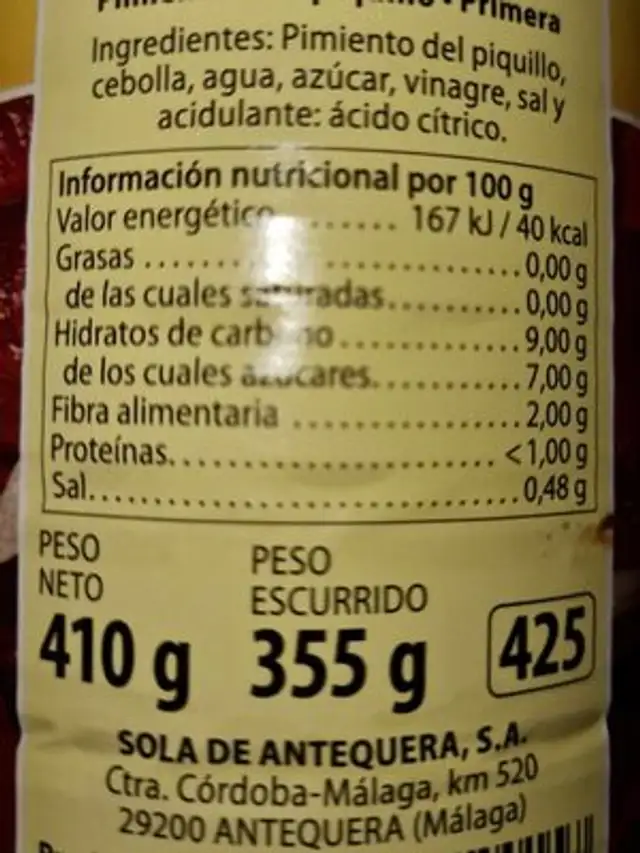 Ensalada pimientos del piquillo nutrition facts table