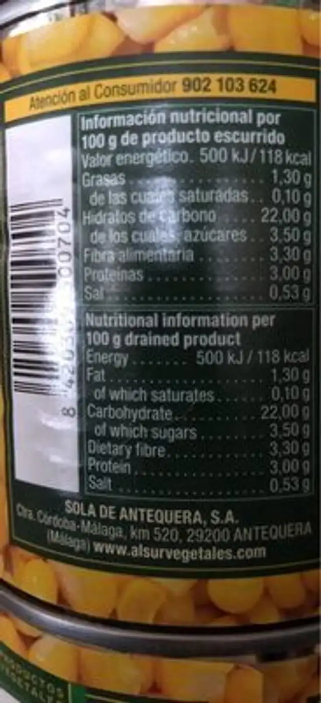 Maiz dulce nutrition facts table