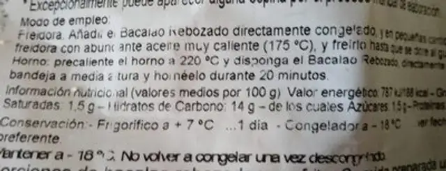 Bacalao rebozado nutrition facts table