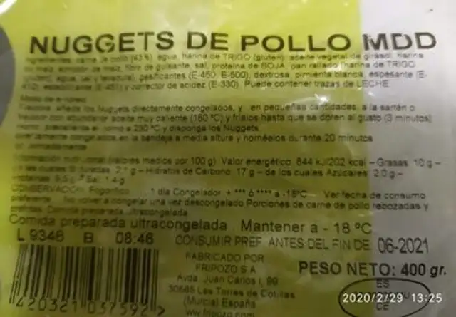 Nuggets de pollo nutrition facts table