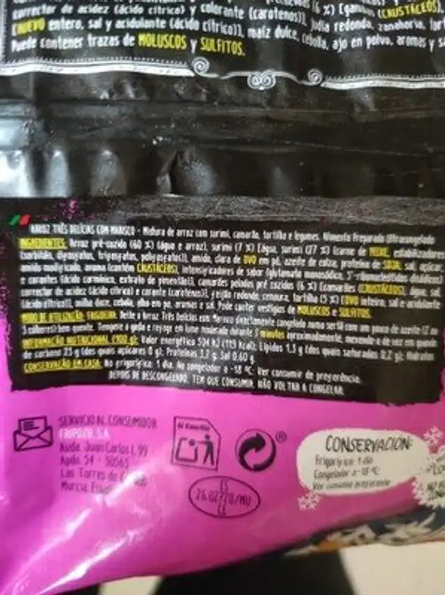Arroz 3 delicias con mariaco ingredients label