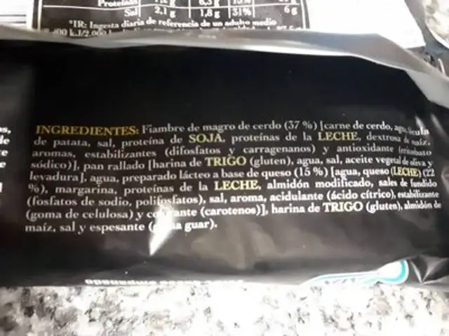 San Jacobos York y queso empanado ingredients label