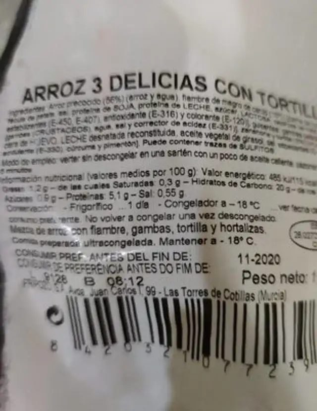 Arroz 3 delicias con tortilla nutrition facts table