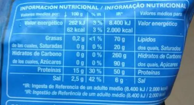 Gamba pelada extra nutrition facts table