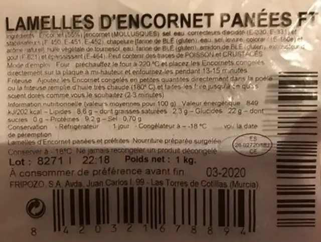 Lamelles d'encornet panées ingredients label