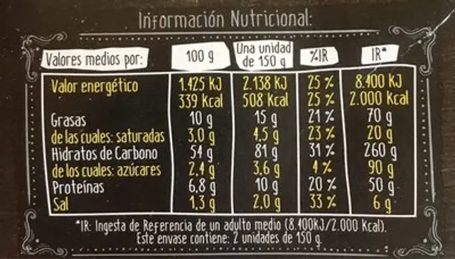 Bases de Pizza al Horno de Piedra nutrition facts table