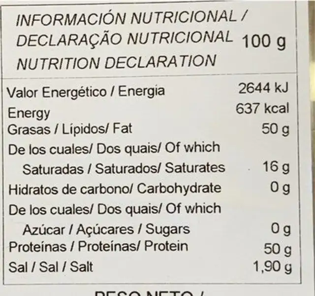 Chicharricos nutrition facts table