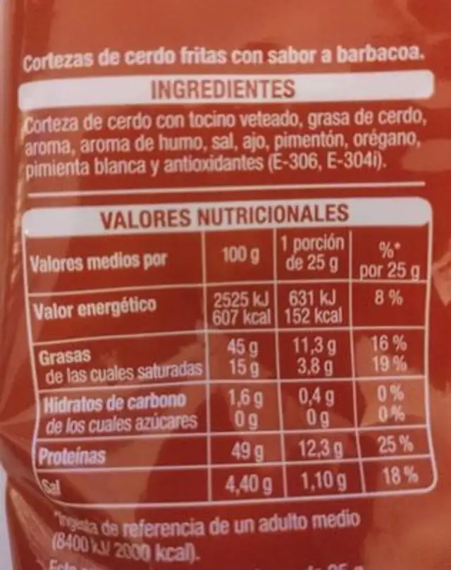 Chicharricos sabor Barbacoa nutrition facts table