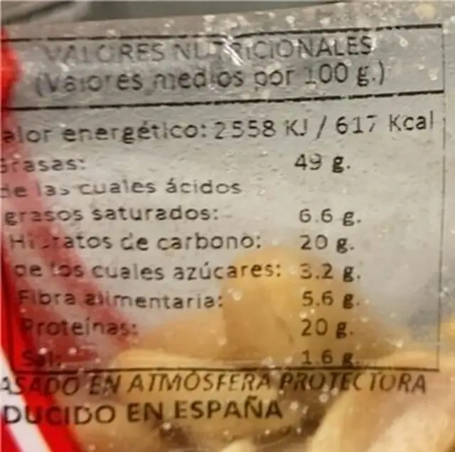 Frutos Secos nutrition facts table