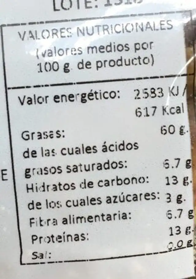 Nuez Mondada ingredients label