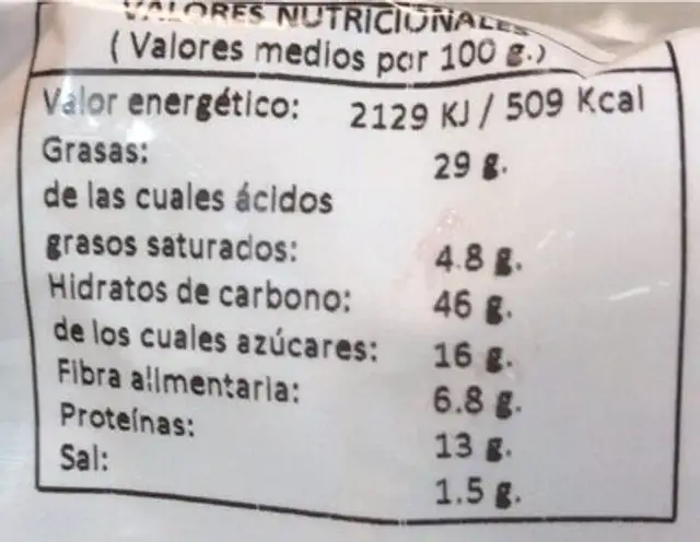 frutos secos la batutrica nutrition facts table