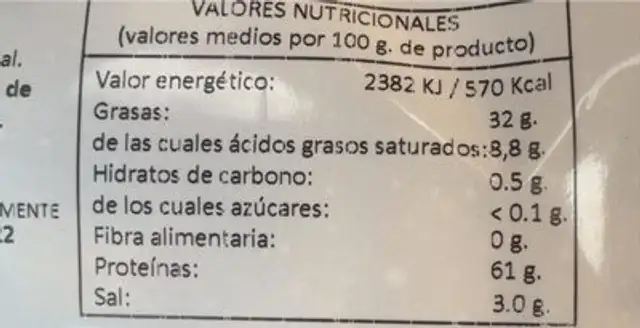 Cortezas de cerdo nutrition facts table