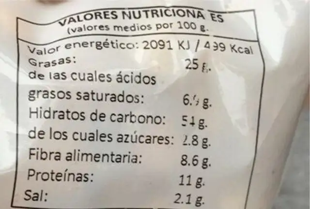 coctel frutos secos nutrition facts table