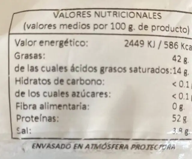 Torreznicos barbacoa nutrition facts table