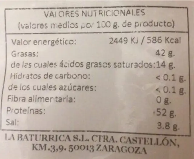 Torreznos barbacoa nutrition facts table