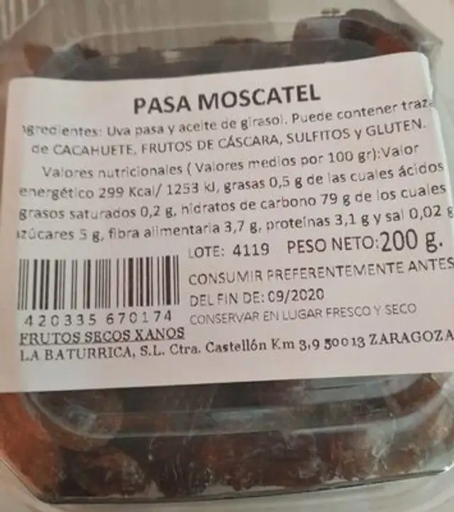 Pasa Moscatell nutrition facts table
