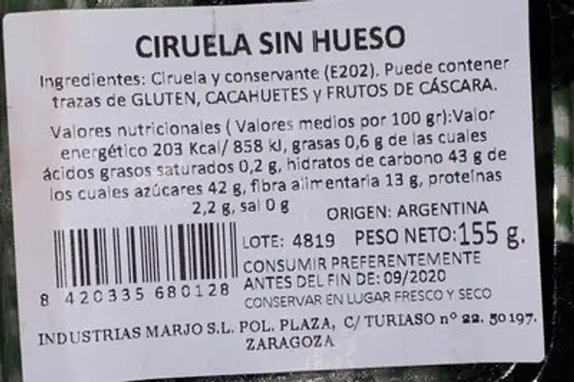 Coruela sin hueso nutrition facts table