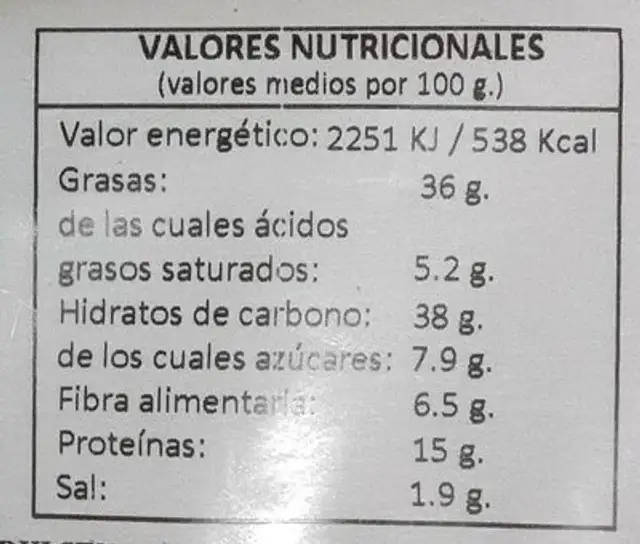 Frutos secos nutrition facts table
