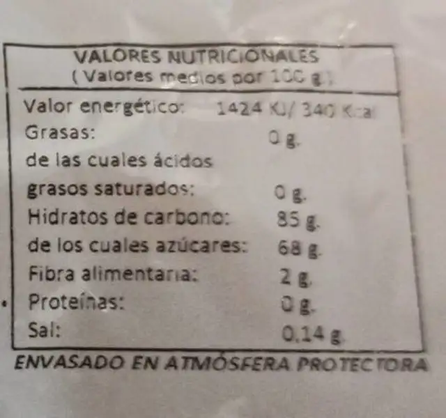 Mango deshidratado nutrition facts table