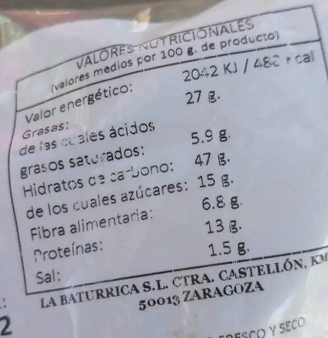 Artesanos del Tueste nutrition facts table