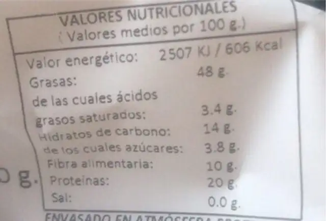 Almendra nutrition facts table