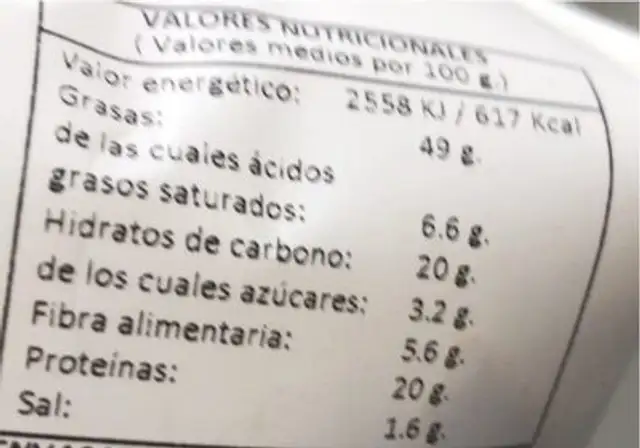 Natural nuts T-Care nutrition facts table