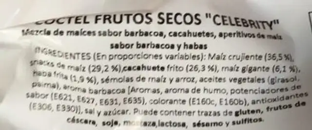 Coctel frutos secos “Celebrity” ingredients label