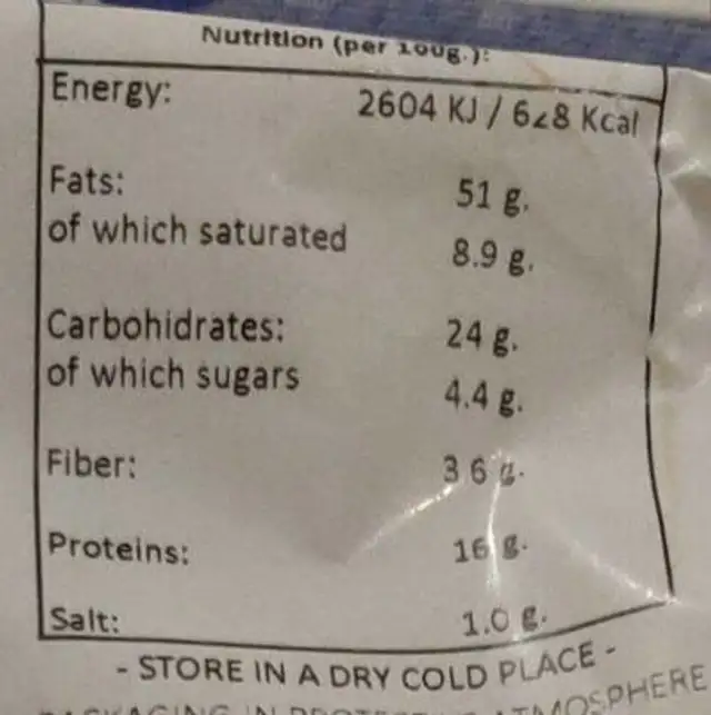 Tcare cashews nutrition facts table