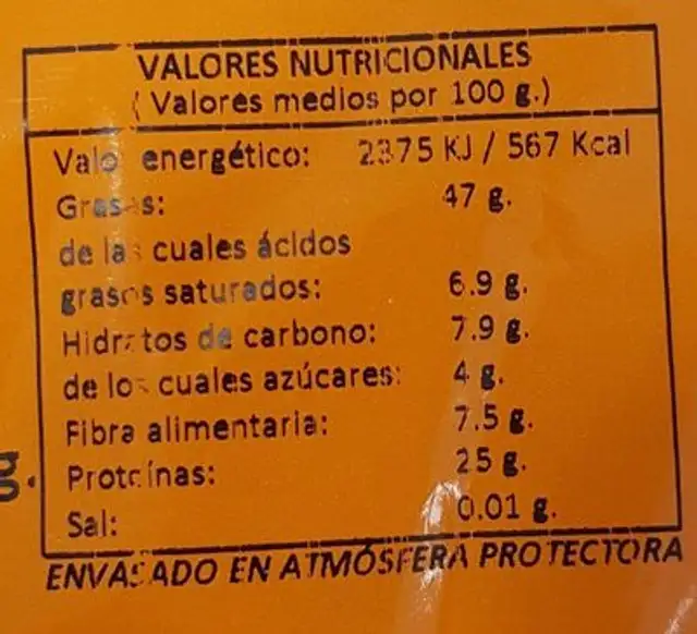 Cacahuetes frutos secos xanos nutrition facts table