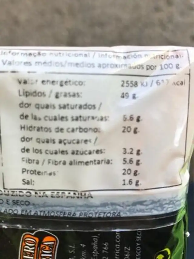 Cacahuetes nutrition facts table