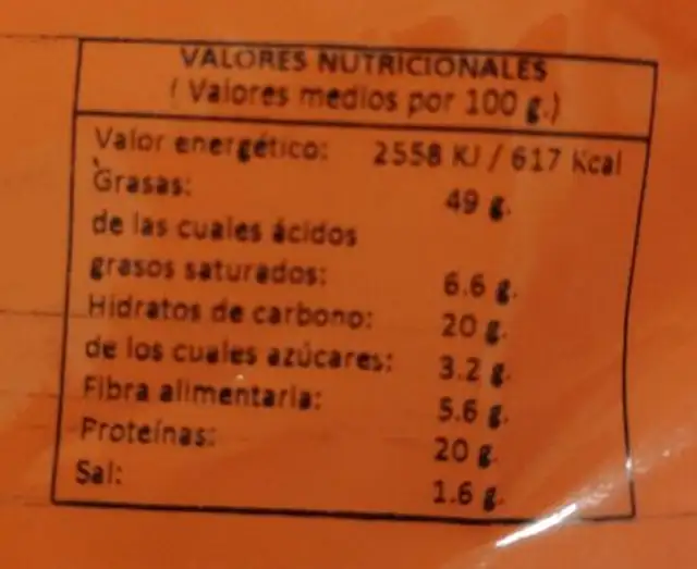 Frutos secos - cacahuetes nutrition facts table