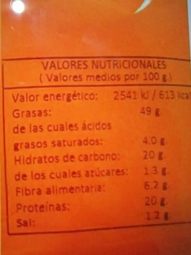 Frutos secos Xanos nutrition facts table