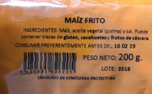 Maíz Frito ingredients label